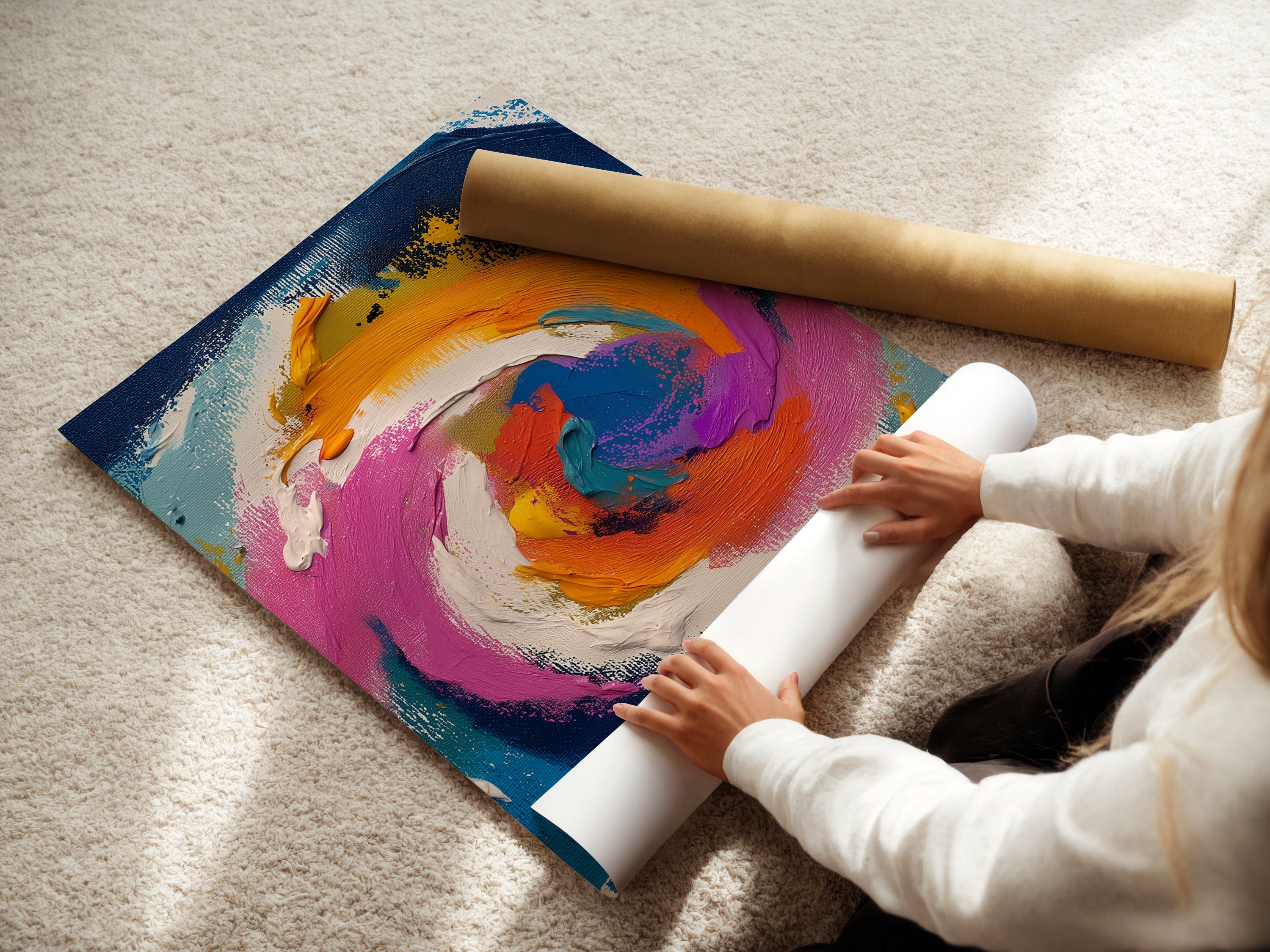 A woman is carefully rolling a fine art poster paper print. The poster features an abstract swirl artwork. The fine art paper ensures exceptional quality and detail. This poster is perfect for adding color and style to any room.