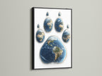 Black frame highlighting a unique artwork. The art shows a paw print made of Earths. The black frame provides a bold and sophisticated look. This artwork adds a touch of drama to any room. The dark frame makes the colors pop. Perfect for creating a focal point in your home.