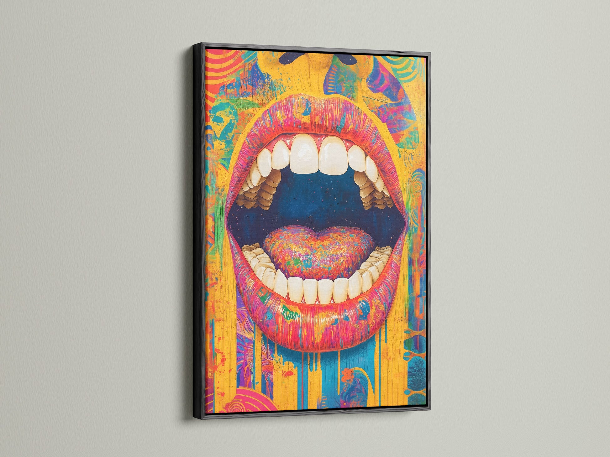 A psychedelic mouth artwork print is framed in black. The black frame makes the colors pop. This surreal pop art canvas is ideal for modern spaces. This will give you a retro psychedelic feel to any room it is placed in.