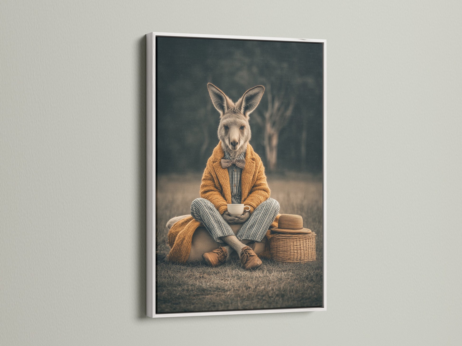 Add a touch of whimsy to your nursery with this rabbit artwork. Encased in a white frame it brightens any space. The vintage animal portrait on canvas is perfect for study rooms. This anthropomorphic art creates a unique wall decor. Enjoy the charm of this cute animal print. It's a delightful addition to your home.