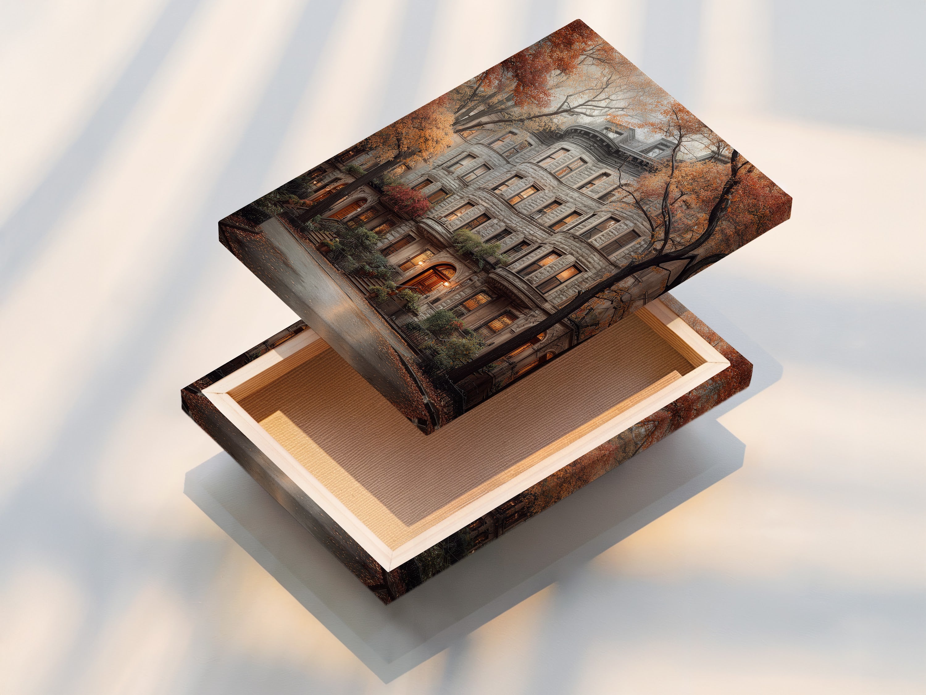 A stretched canvas print displays the Brownstone Canvas Print beautifully. Showcasing an autumn cityscape with vintage architecture. This urban landscape artwork is ready to hang and enjoy in your home or office.