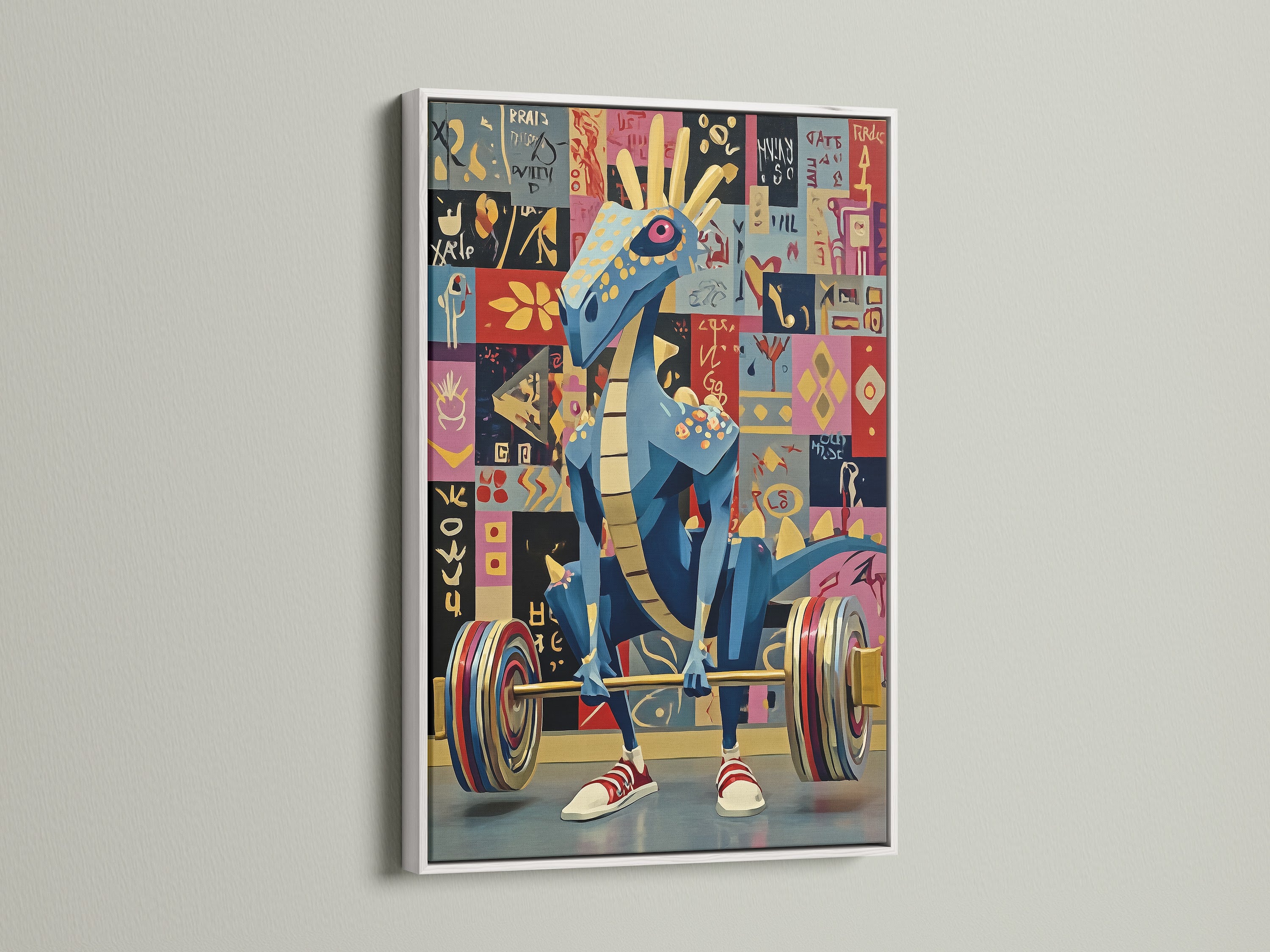 Weightlifting dragon artwork displayed in a white frame. This vibrant pop art features a blue dragon lifting weights. Great as gym wall decor. This funny artwork will brighten up your home gym or fitness space. It's a unique gift for weightlifters and fitness enthusiasts.