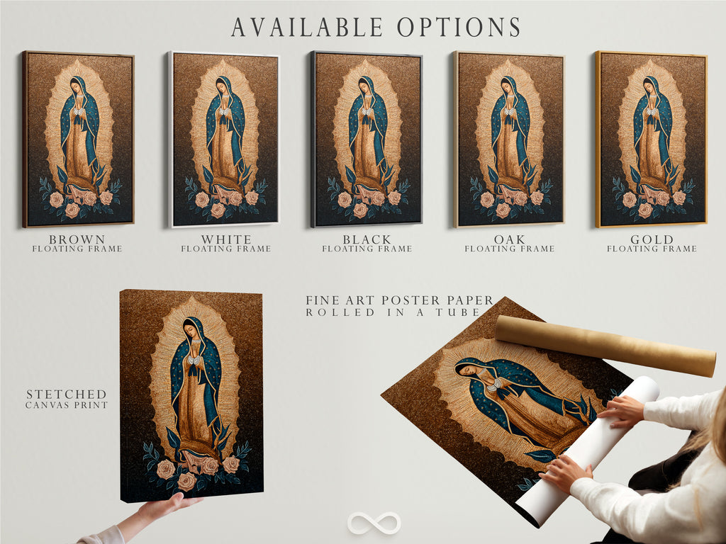Explore available options like a stretched canvas print. Also see fine art poster paper and floating frame. The Virgin Mary art is customizable to your taste. The Our Lady of Guadalupe print enhances religious spaces. Find sacred art perfect for Catholic home decor.