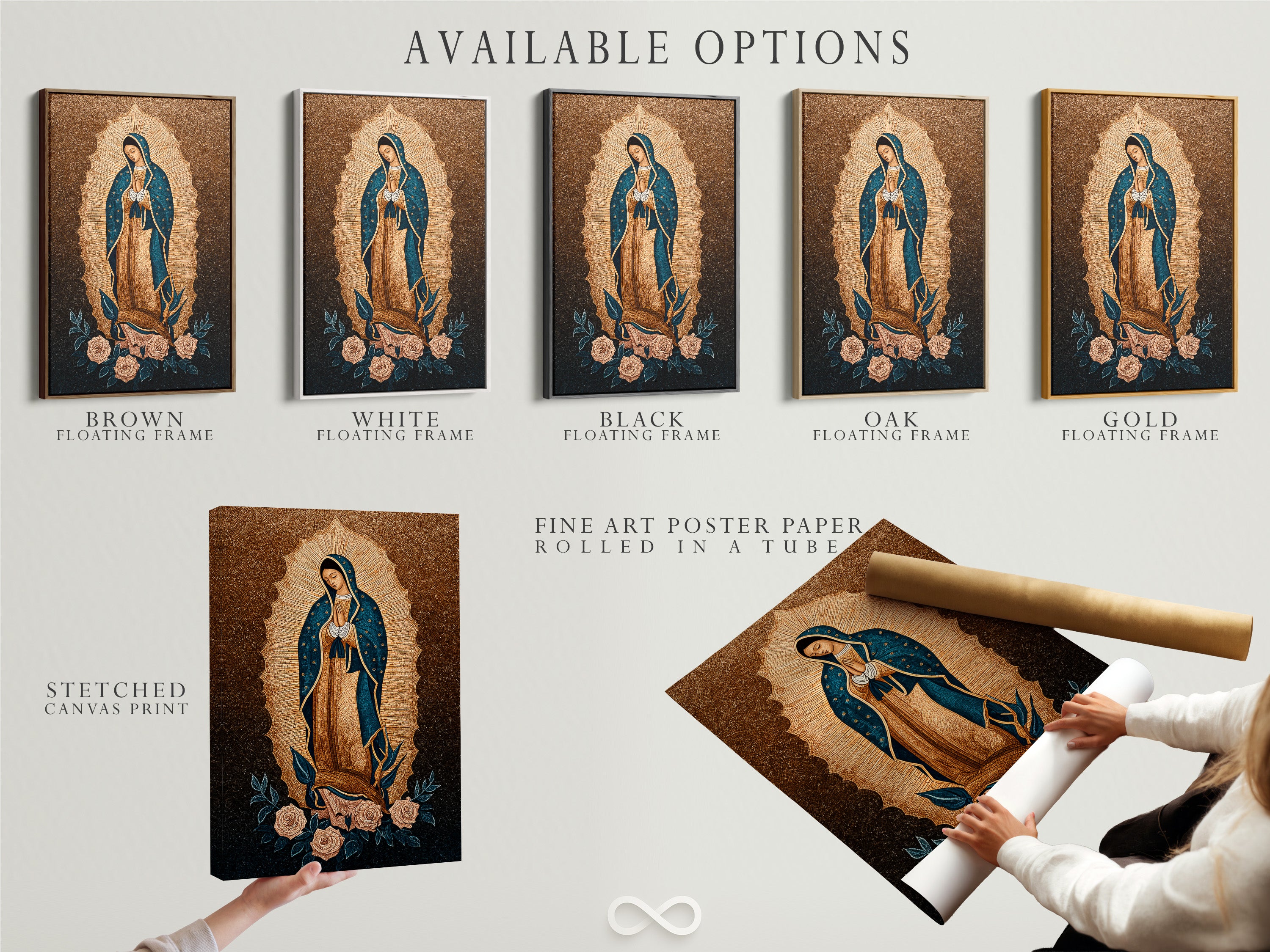 Explore available options like a stretched canvas print. Also see fine art poster paper and floating frame. The Virgin Mary art is customizable to your taste. The Our Lady of Guadalupe print enhances religious spaces. Find sacred art perfect for Catholic home decor.