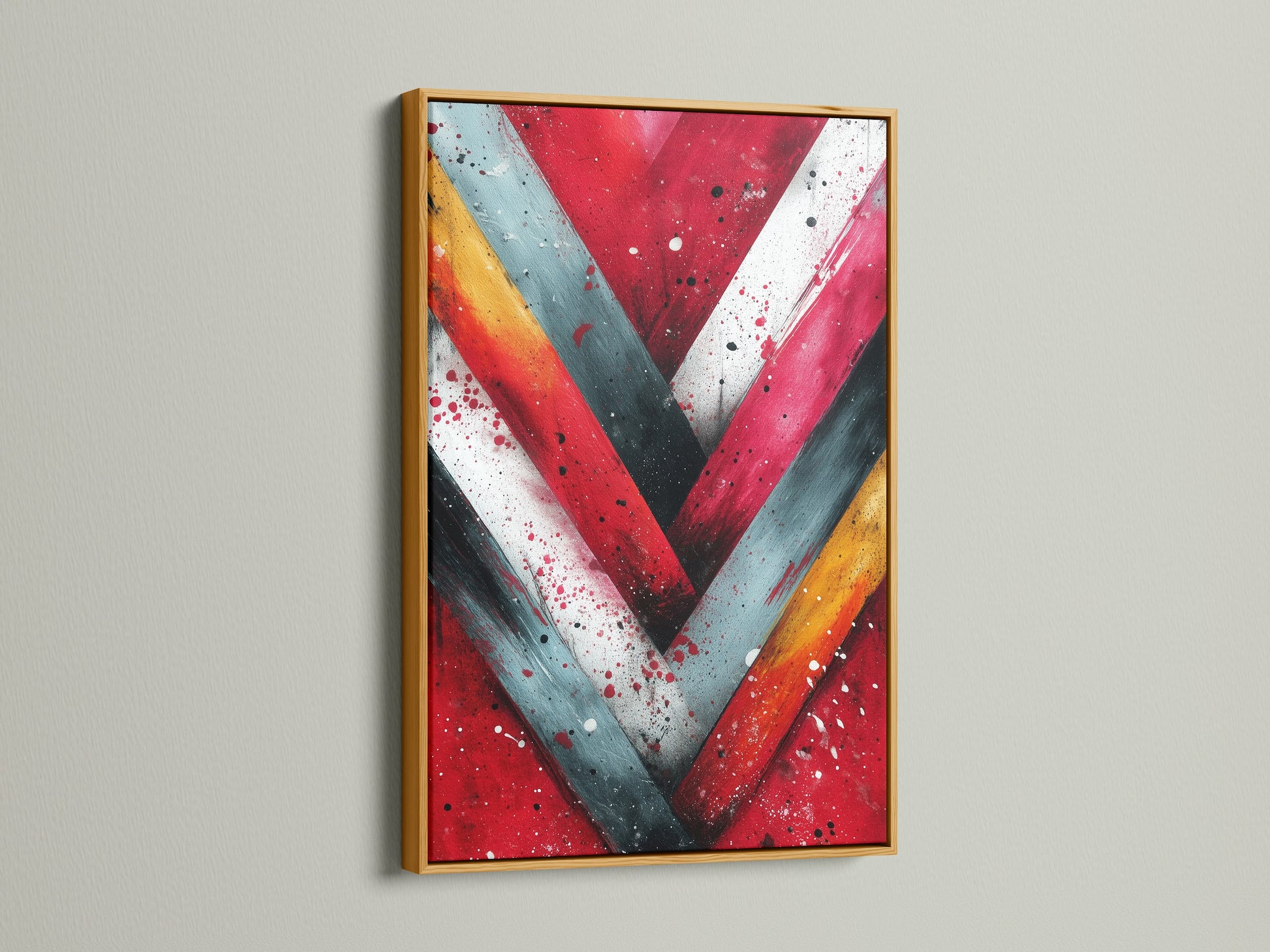Bring elegance with our Chevron Canvas Artwork in a gold frame. The red and teal geometric artwork adds a touch of luxury. Perfect for lounges and open workspaces. Discover the beauty of contemporary art today.