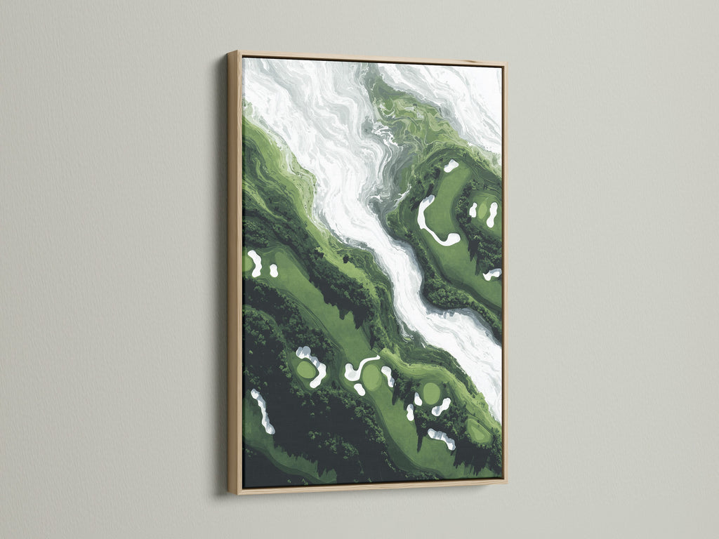 A green abstract art print is showcased in an oak frame. This marble fluid canvas wall art adds a modern touch. Its emerald and white swirl design enhances any room. Perfect for living rooms studies and game rooms. Elevate your space with this contemporary artwork.