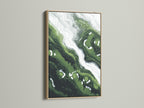 A green abstract art print is showcased in an oak frame. This marble fluid canvas wall art adds a modern touch. Its emerald and white swirl design enhances any room. Perfect for living rooms studies and game rooms. Elevate your space with this contemporary artwork.