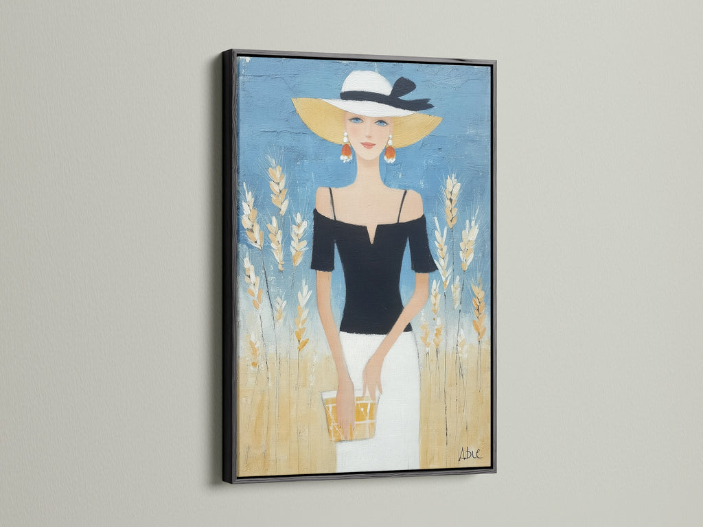 Elegant Woman Canvas Print framed in black. This chic portrait is a modern artwork for boutique decor. The black frame adds a touch of sophistication. It's a stylish print that stands out. The fashion wall art is perfect for any room.