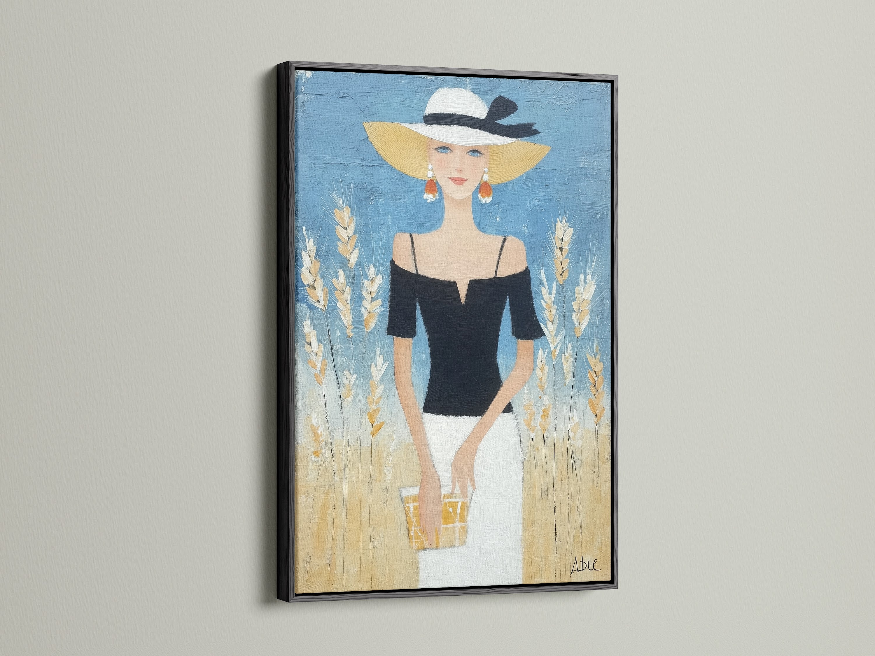 Elegant Woman Canvas Print framed in black. This chic portrait is a modern artwork for boutique decor. The black frame adds a touch of sophistication. It's a stylish print that stands out. The fashion wall art is perfect for any room.