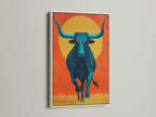 See this striking teal bull artwork presented in a clean white frame. This modern canvas art is perfect for farmhouse decor. Its southwestern aesthetic brings a unique touch to any space. This animal artwork is a stylish addition to your home decor.