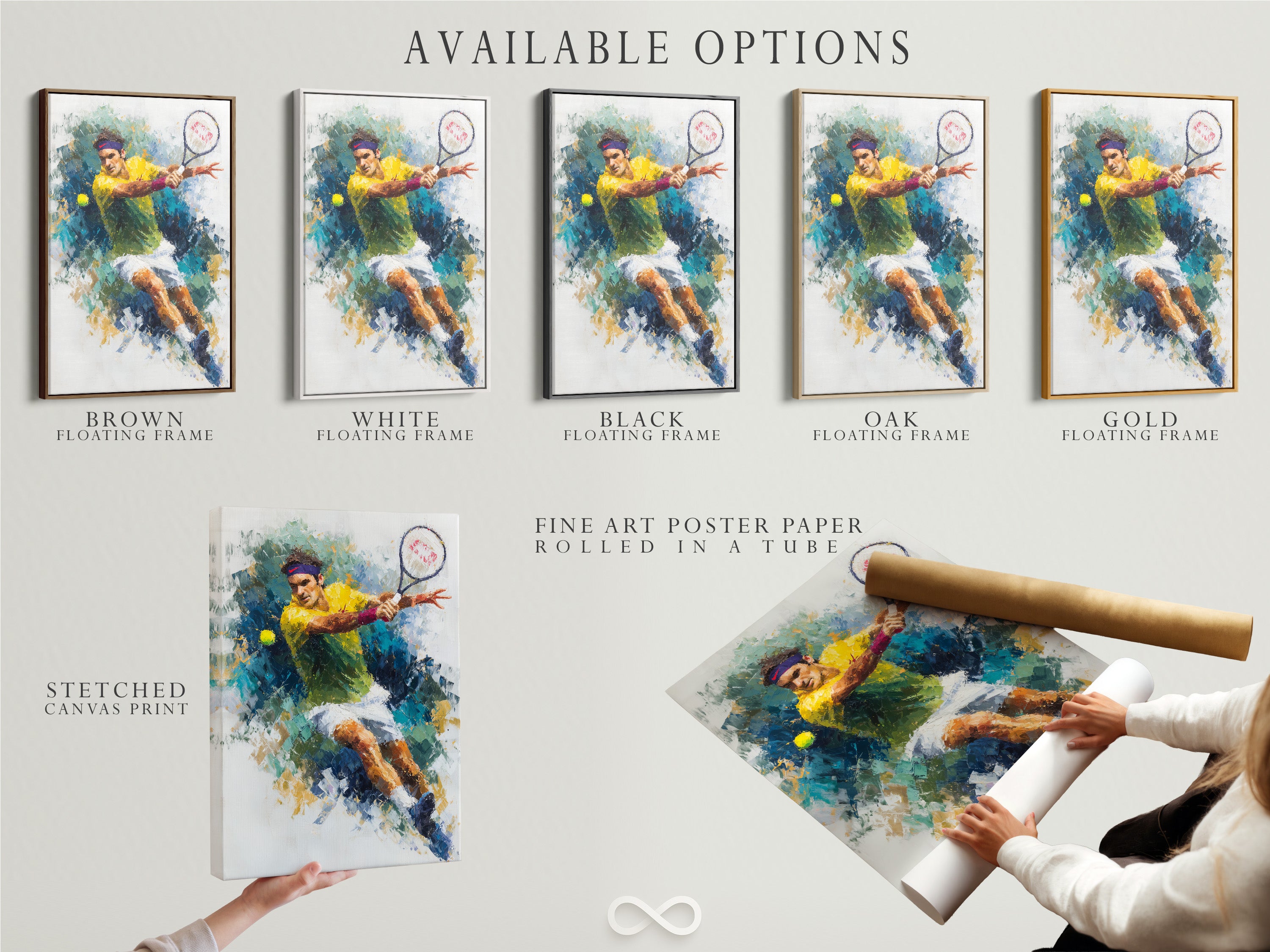 Available options include a stretched canvas print fine art poster paper and a floating frame for the tennis artwork. Select the perfect style for your abstract sports wall art. Enhance your game room decor or athletic home wall art. Ideal for sports fans and athletes.