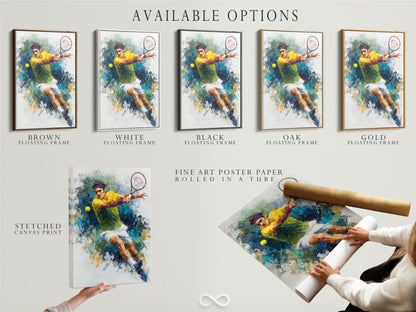 Available options include a stretched canvas print fine art poster paper and a floating frame for the tennis artwork. Select the perfect style for your abstract sports wall art. Enhance your game room decor or athletic home wall art. Ideal for sports fans and athletes.