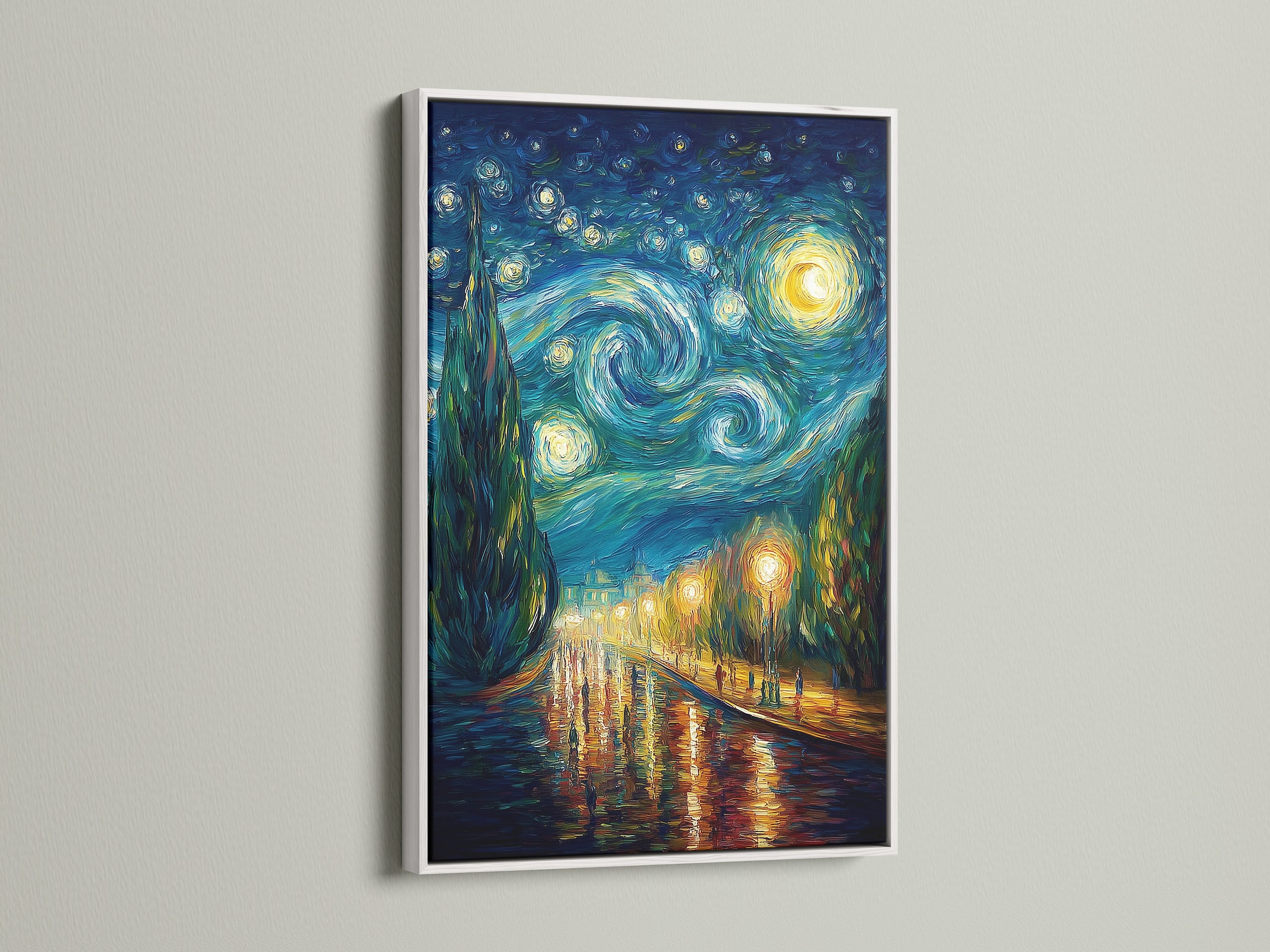 This piece features a clean white frame. White frames offer a modern and minimalist aesthetic. They are perfect for any room. The artwork is versatile and stylish. A white frame enhances any artwork.