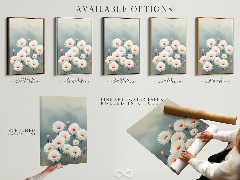 Available options for cactus flower artwork displayed. Choose from a stretched canvas print. A fine art poster paper print or a floating frame. Find the perfect style to match your decor. Enhance your living space with botanical art.