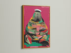 A gold frame showcases the walrus artwork. This pop art canvas adds a touch of humor. It's ideal for kitchen wall art or cafe decor. The marine animal art features vibrant colors pink and green.