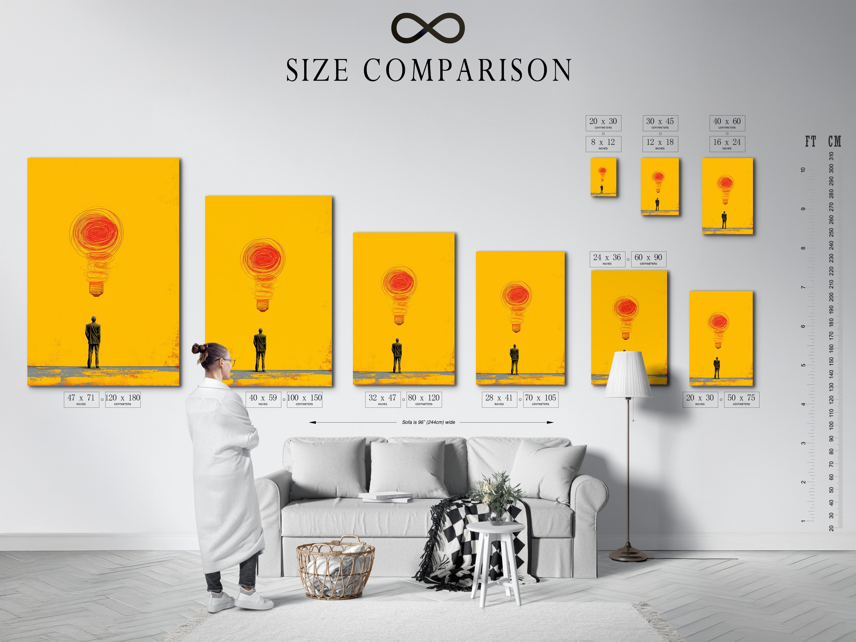 A size comparison chart is displayed in an interior setting. Compare artwork sizes to find the perfect fit. See how different sizes look in a room. Choose the ideal size to complement your space. Use the chart to make an informed decision.