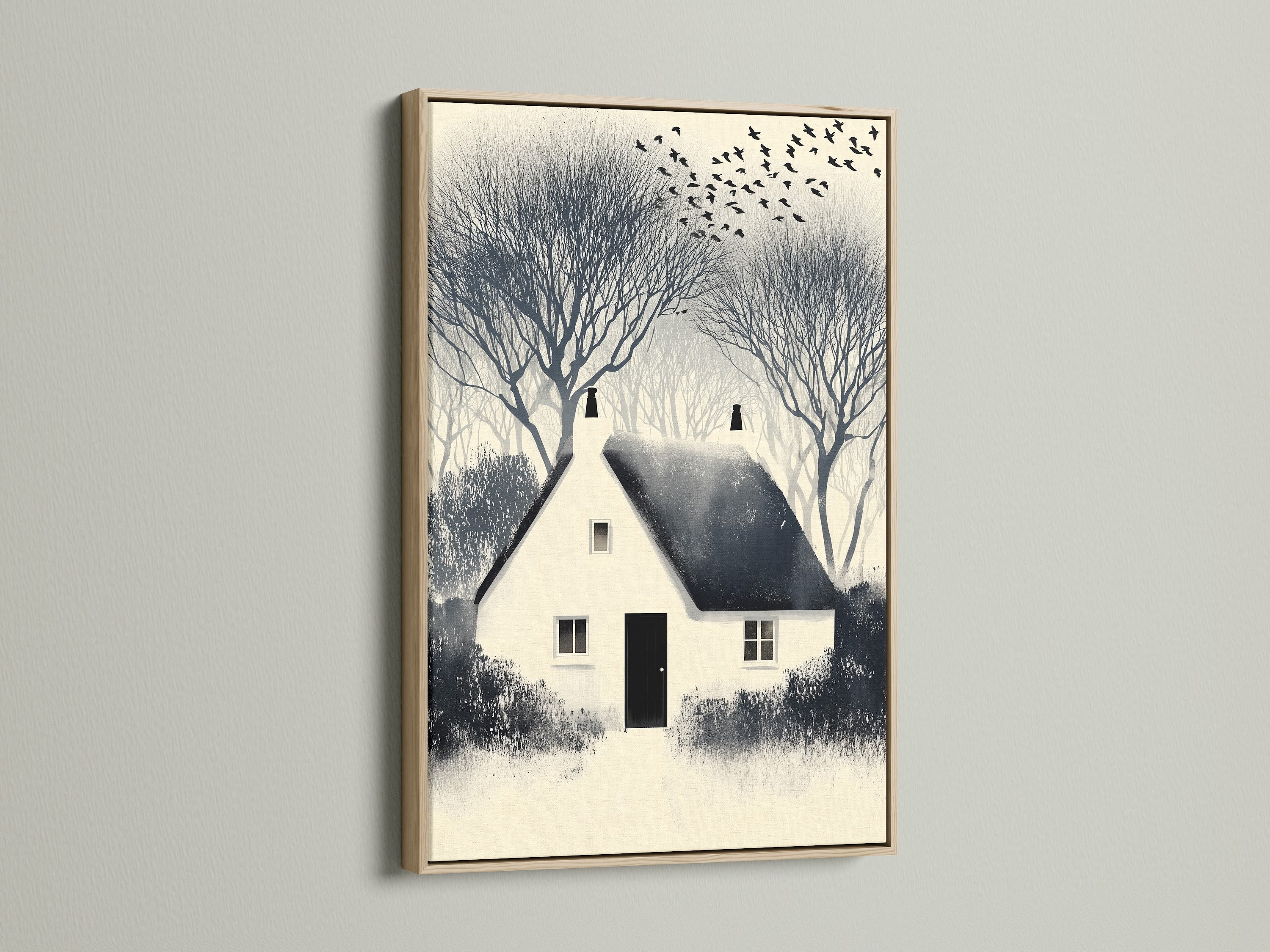 Winter Cottage artwork print with an oak frame. It's neutral tone farmhouse wall decor that brings a countryside landscape to any room. This frame enhances minimalist and traditional spaces.  Order yours today.