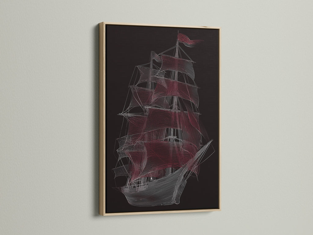 Sailing Ship Nautical Canvas in an oak Frame. This vessel wall art features a line art print. Ideal for coastal office art and a thoughtful gift for a sailor. The oak frame enhances the artwork.