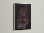 Sailing Ship Nautical Canvas in an oak Frame. This vessel wall art features a line art print. Ideal for coastal office art and a thoughtful gift for a sailor. The oak frame enhances the artwork.