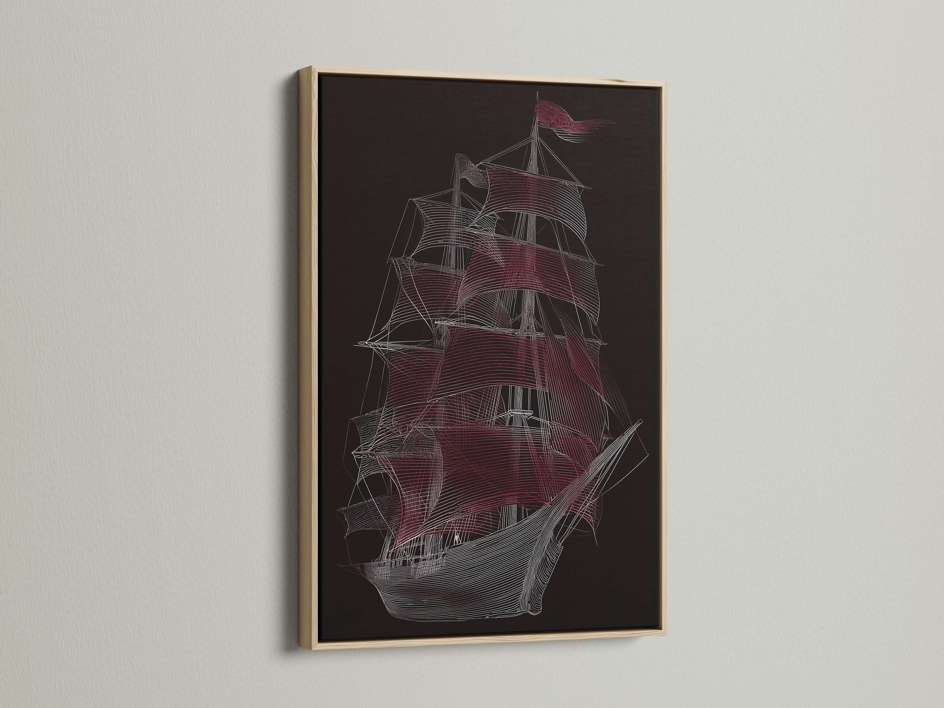 Sailing Ship Nautical Canvas in an oak Frame. This vessel wall art features a line art print. Ideal for coastal office art and a thoughtful gift for a sailor. The oak frame enhances the artwork.