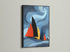Sailboat artwork presented in a sleek black frame. This nautical canvas adds a touch of sophistication to any space. The black frame accentuates the vivid colors and abstract form of the sailboat art creating a focal point.