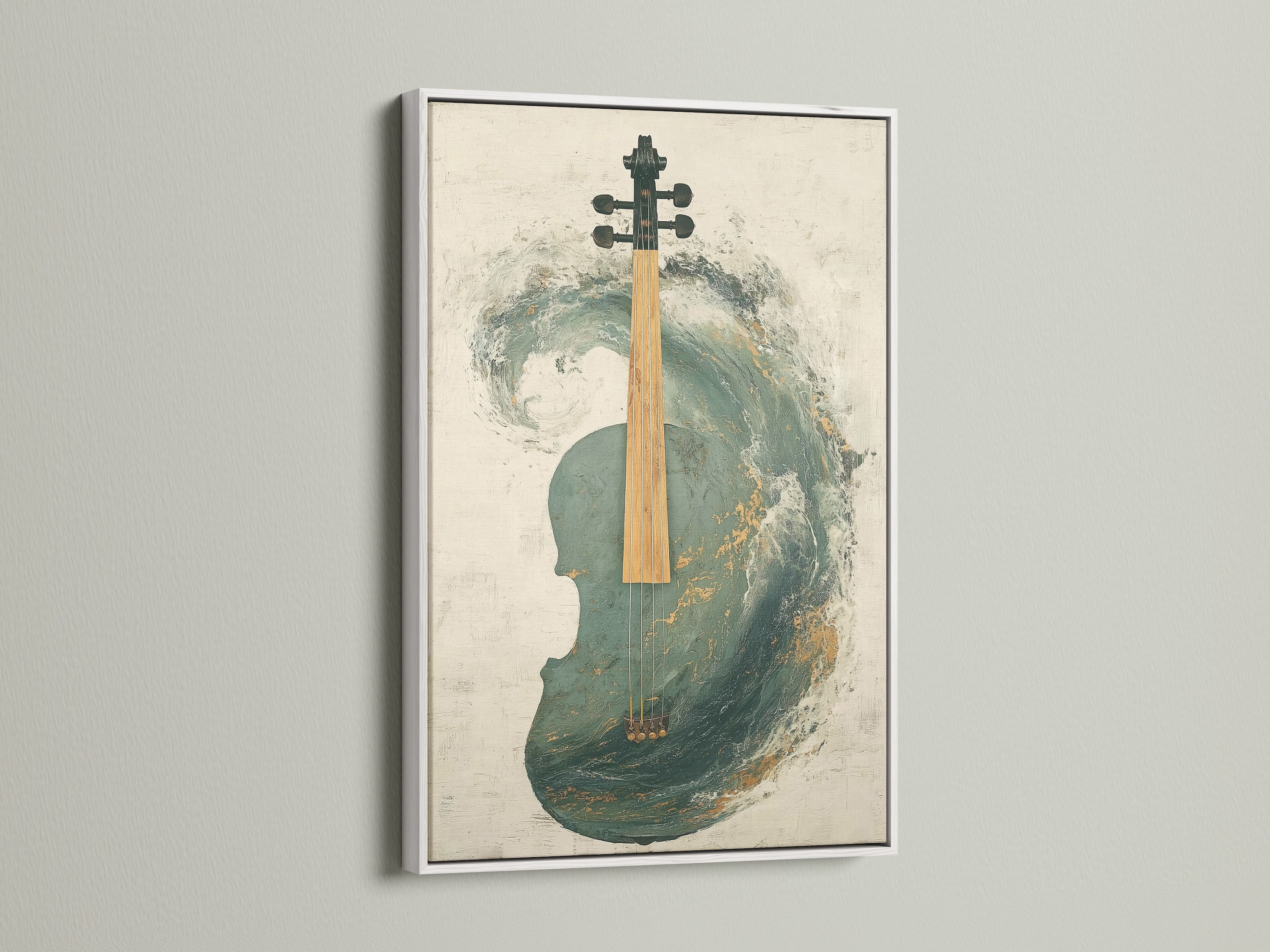 Abstract Violin Artwork showcased in a white frame. This modern canvas print features teal and gold accents. The white frame provides a clean and contemporary look. This musical instrument artwork is perfect for adding a touch of elegance to your living room or music space.