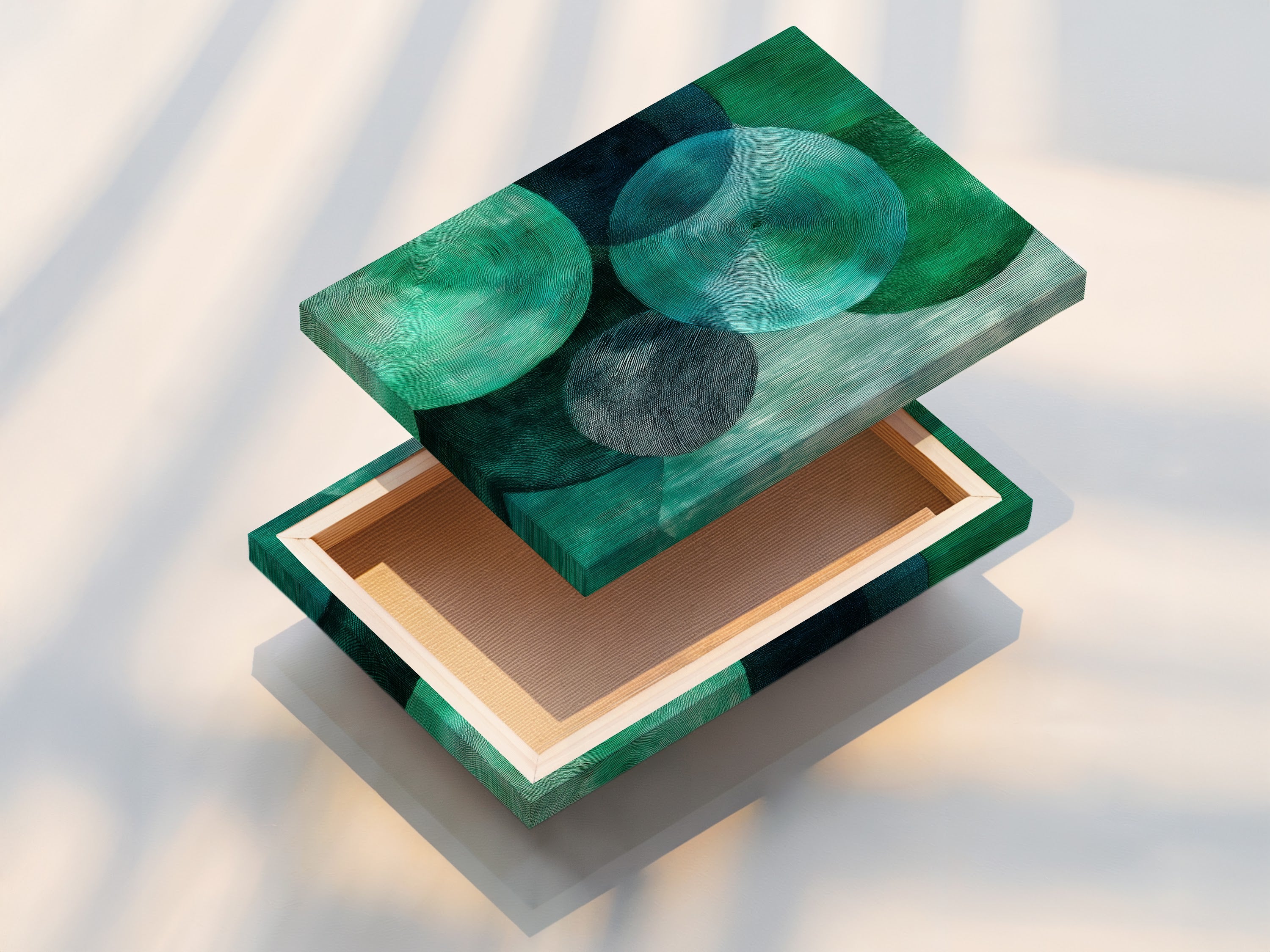 This is a stretched canvas print of abstract geometric artwork. It features emerald green circles. This modern textured print is great for office wall decor. Perfect for homeowners renters interior designers and business owners seeking elevated modern art.