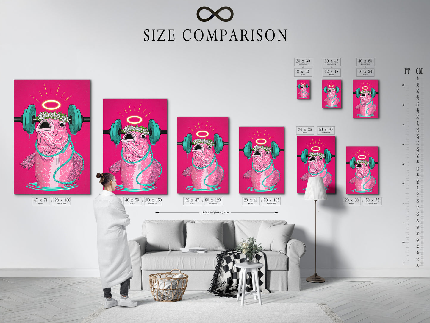 The size comparison chart in an interior setting shows the various dimensions available for the workout fish art. Choose the perfect size to match your fitness decor and home gym wall art needs.