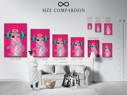 The size comparison chart in an interior setting shows the various dimensions available for the workout fish art. Choose the perfect size to match your fitness decor and home gym wall art needs.