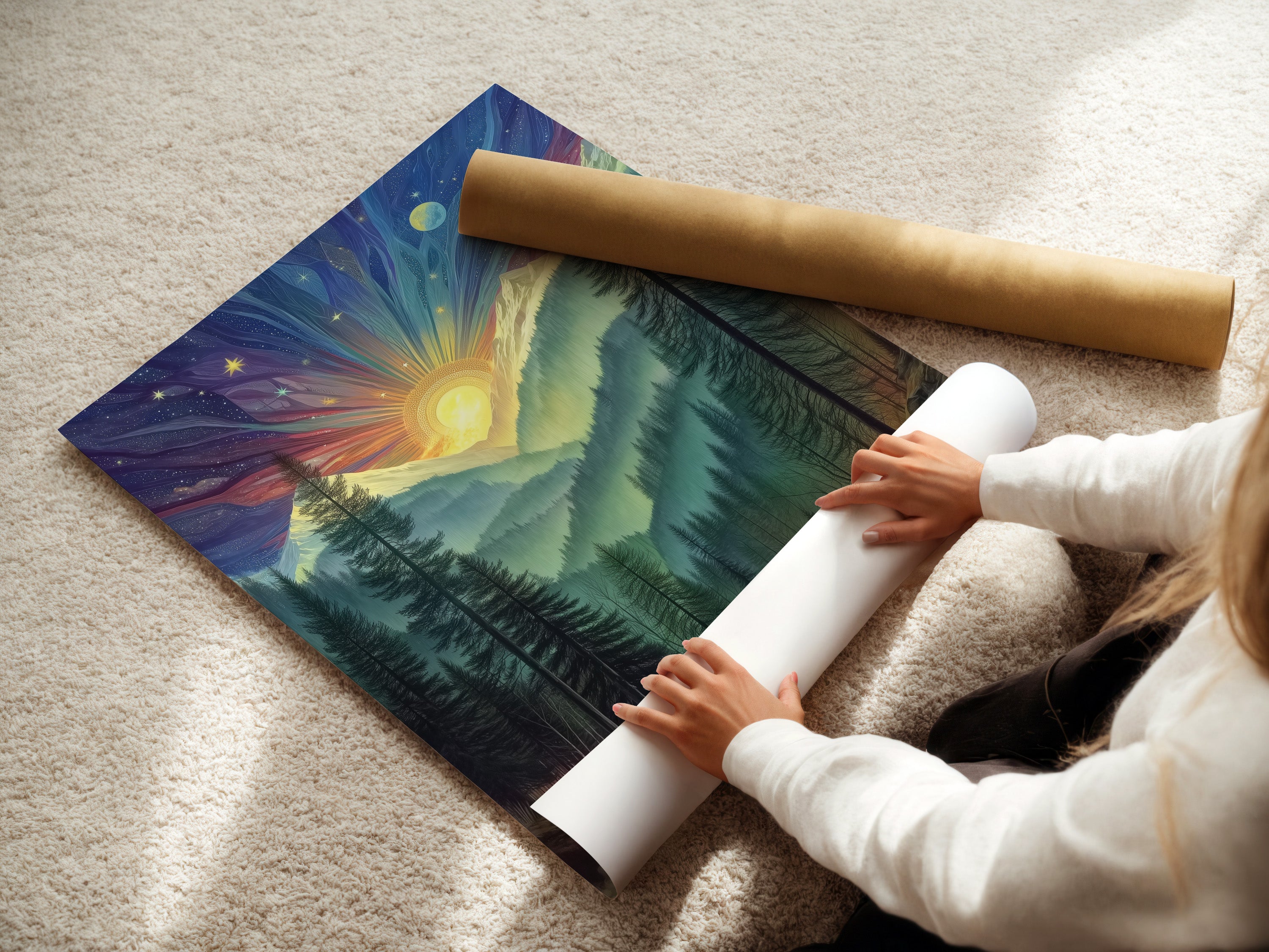 A woman carefully rolls fine art poster paper. Preparing a mountain sunrise artwork for display. Quality materials ensure lasting beauty. Perfect for nature-inspired spaces and lodge style.