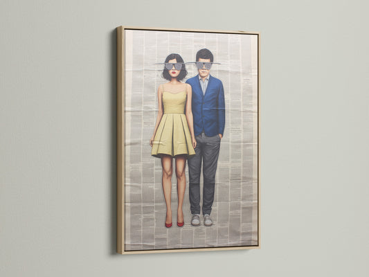 Retro couple art print in a natural oak frame. This vintage-inspired piece brings mid-century charm to your living space. Perfect as bedroom wall decor or a statement piece in your gallery wall.