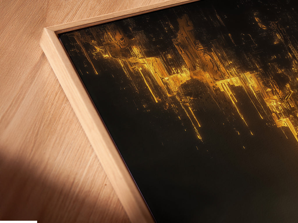 A close-up angled view of a canvas print in a floating frame. This golden city skyline artwork is a stunning urban canvas print. Perfect for modern office art and abstract skyline art. The floating frame adds a contemporary touch to this moody cityscape.