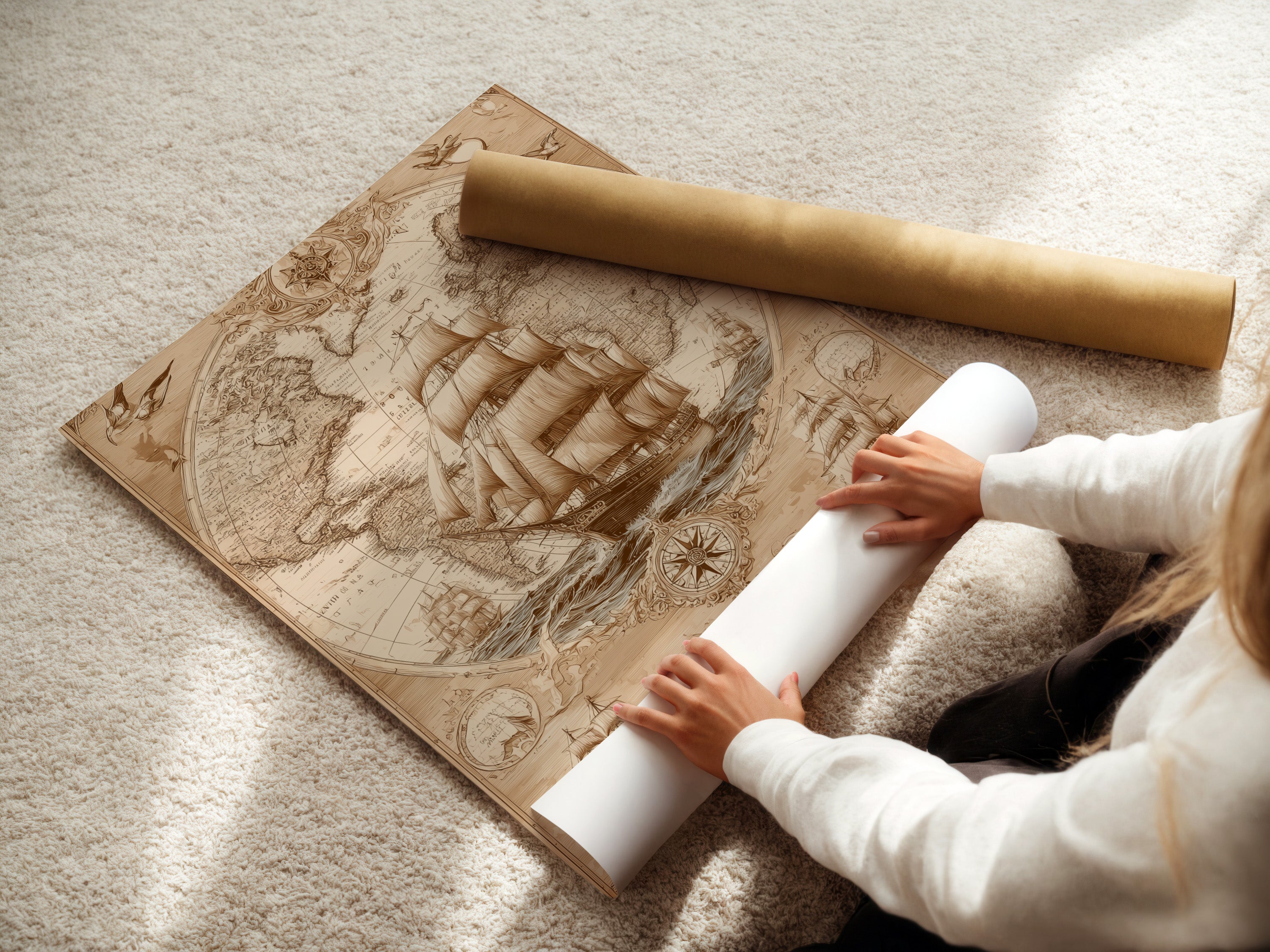 A woman is carefully rolling a fine art poster paper. She is preparing it for framing or display. High-quality fine art poster paper ensures vibrant colors and detail. Discover the perfect prints for your home or office. Order now and bring your walls to life