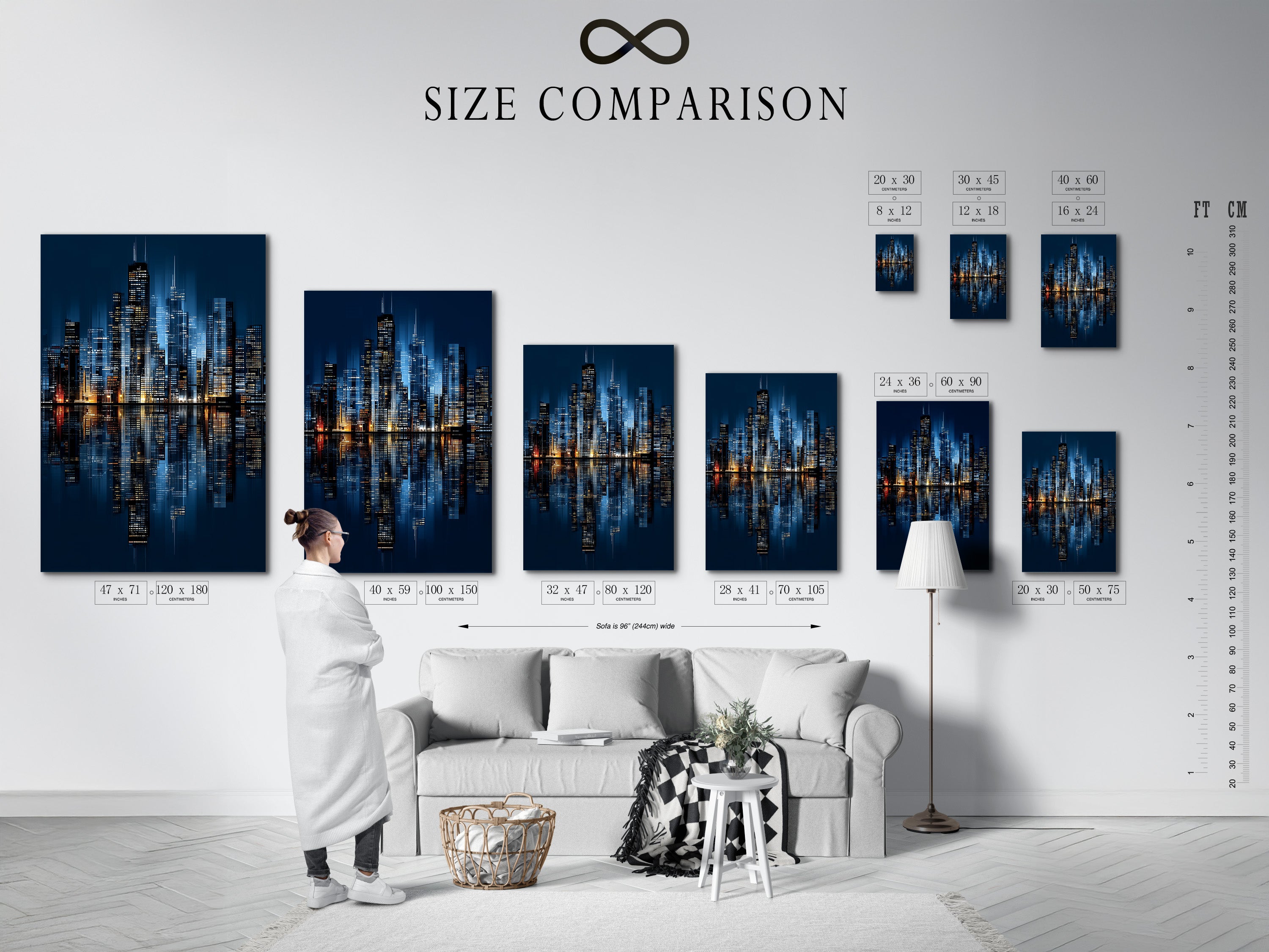 A size comparison chart shows the Chicago skyline artwork in an interior setting. Visualize the perfect scale for your space. Options are available for living rooms bedrooms and offices. Cityscape art enhances any room.