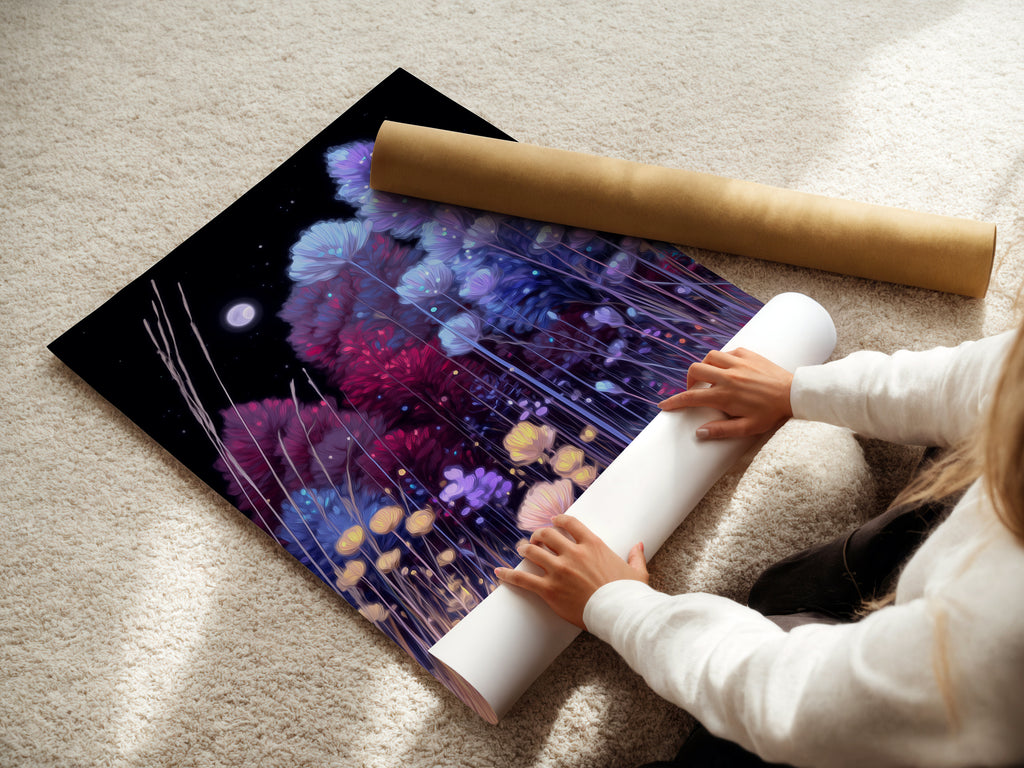 A woman is carefully rolling a fine art poster paper. The Floral Night artwork in indigo and violet is ready for framing. This botanical print adds a touch of modern elegance. Perfect for enhancing bedroom wall decor and interior spaces.