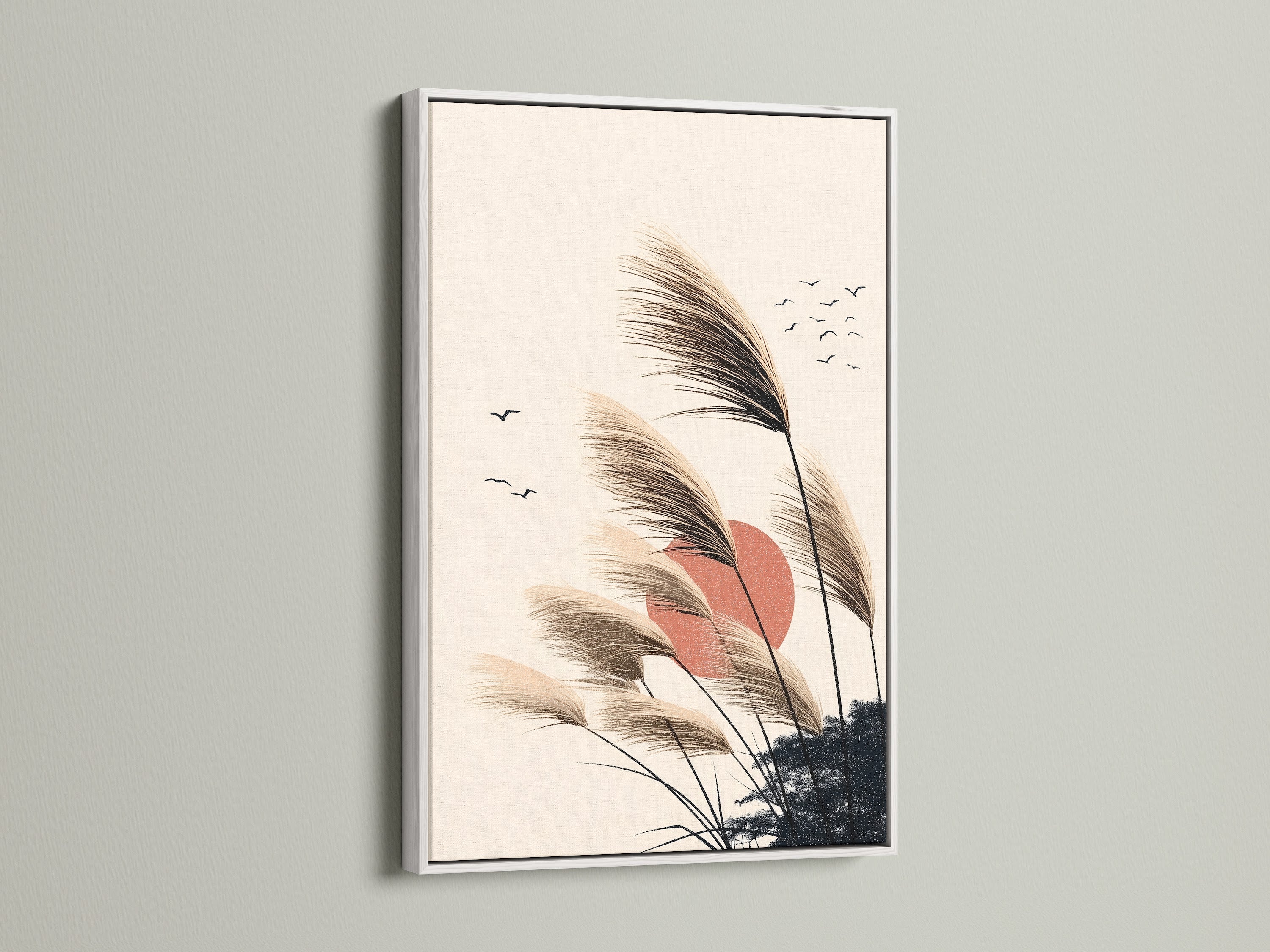 Pampas Grass artwork in a white frame. A minimalist print with a nature artwork theme. This piece enhances bedroom wall decor. It brings a serene boho wall art vibe. The sunset canvas and neutral decor create a calming atmosphere. Perfect for a minimalist home or office wall art.