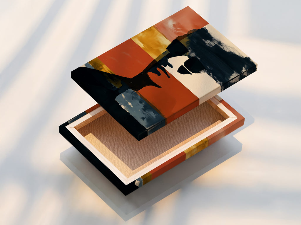 The image features a stretched canvas print of abstract portrait art. This modern wall decor piece is ready to hang. The bold color block artwork adds style to any room. Get your stretched canvas art now.