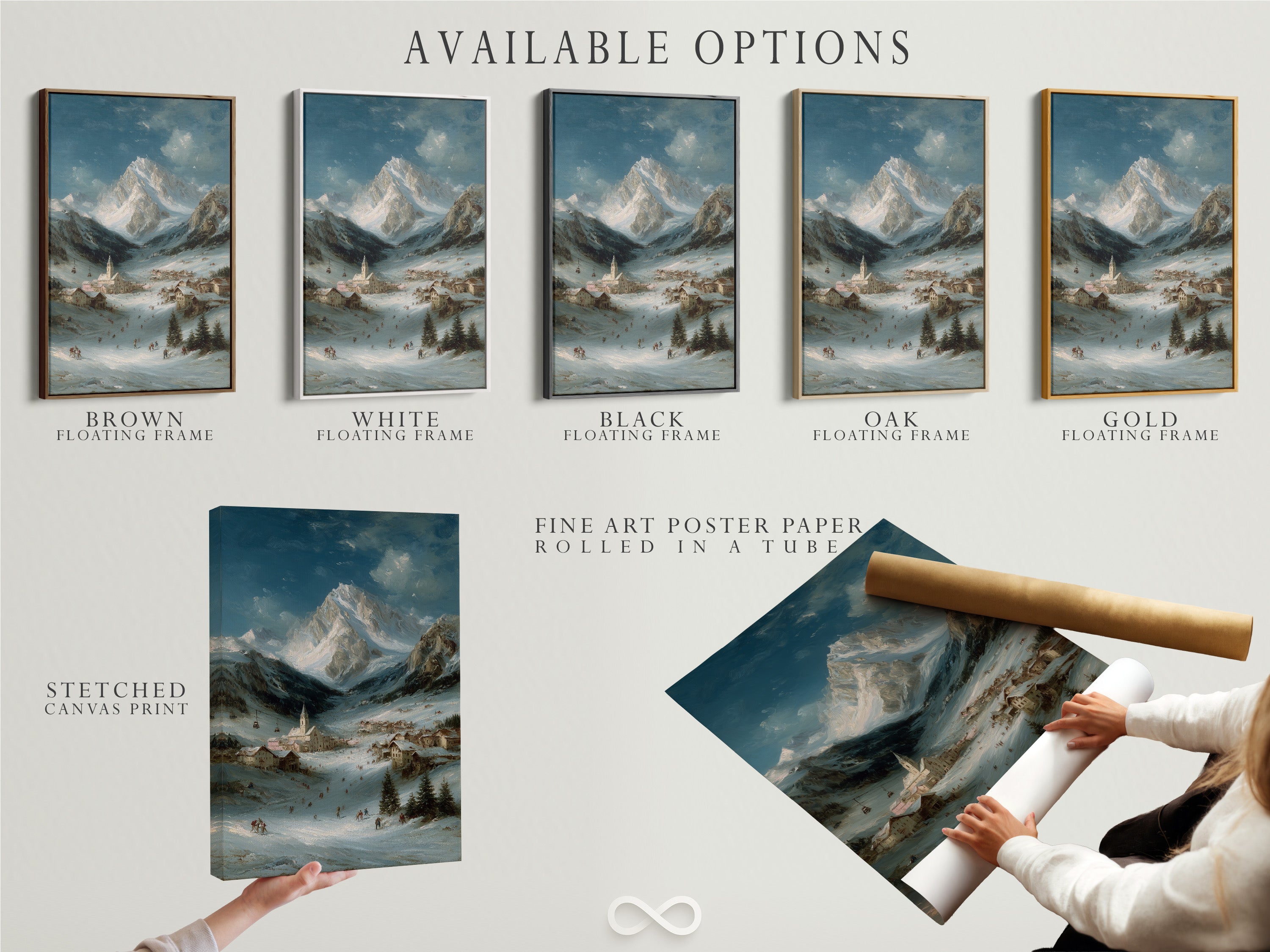 Available options for the Alpine Village artwork. Choose from a stretched canvas print fine art poster paper or a floating frame. The winter landscape is perfect for cabin wall decor. The snow scene print is a great addition to any home. The style is lodge.