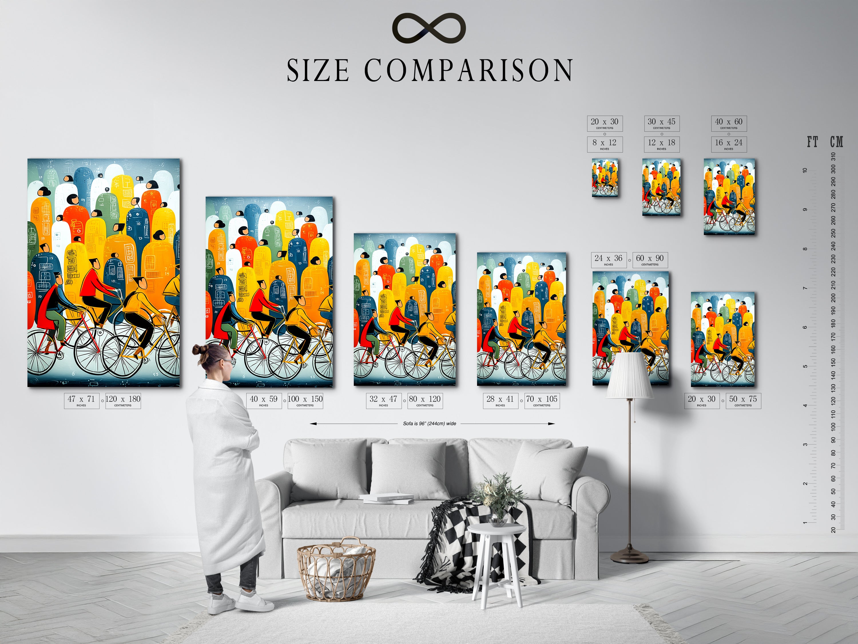 Size comparison chart featuring Bicycle Riders artwork in an interior. Visualize the perfect size for your space. See how abstract city wall art fits in different rooms. Colorful commute artwork for office decor. Plan your decor with ease.
