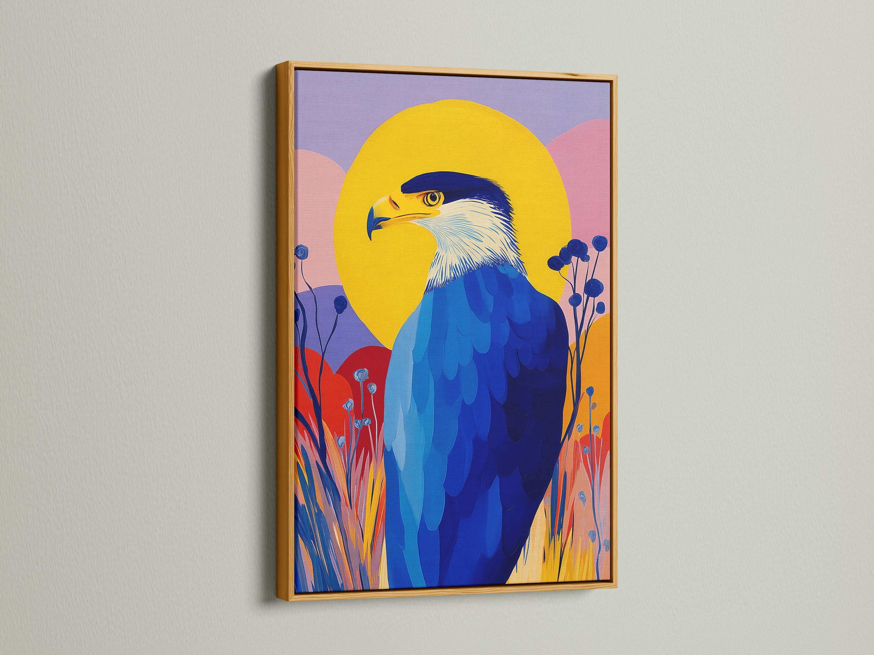 The vibrant eagle artwork is presented in a luxurious gold frame. This colorful bird art makes a statement in any room. Elevate your home decor with this contemporary piece. It's a great gift for bird lovers.