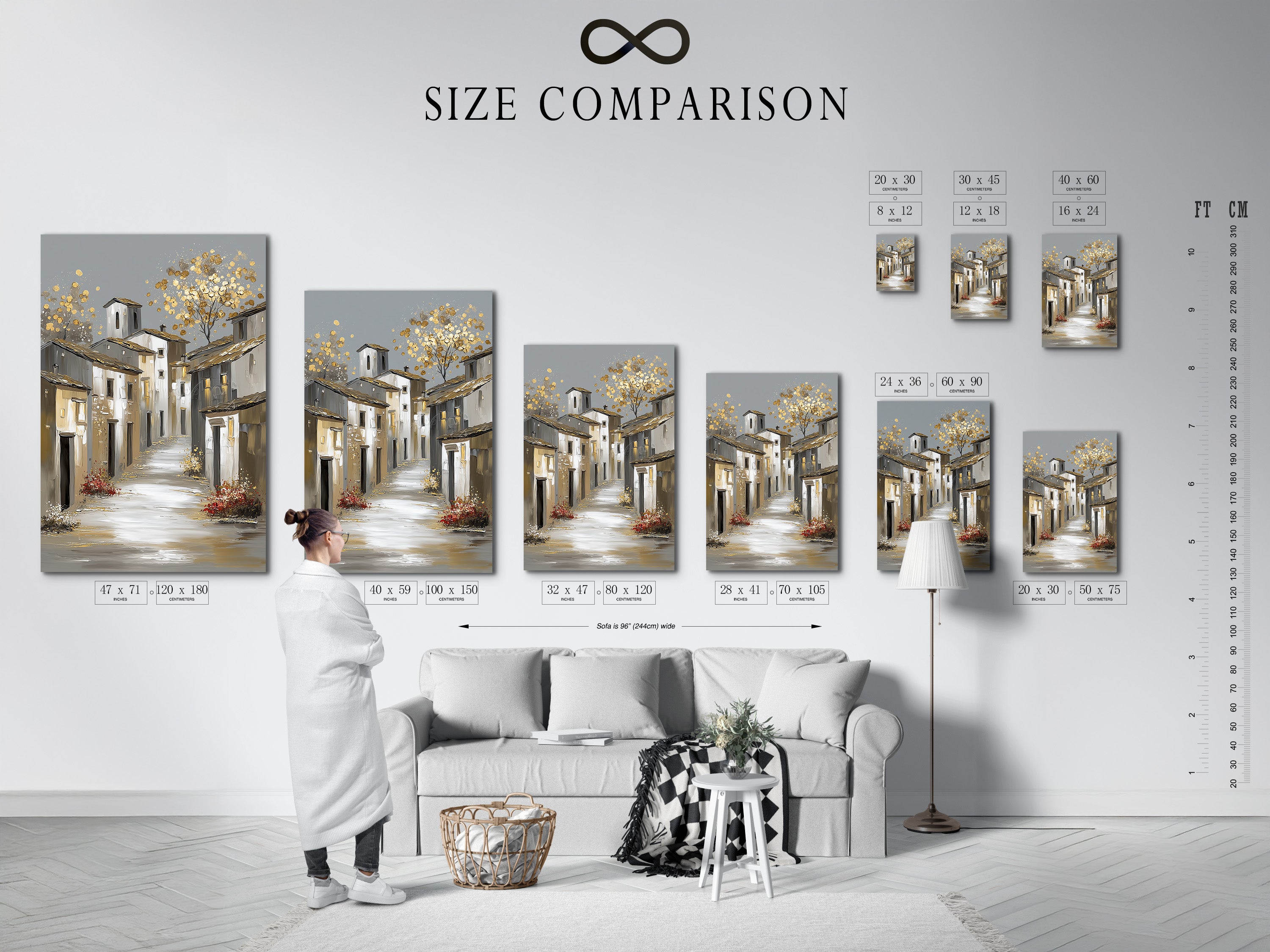 Size comparison chart in an interior setting. Visualize the different sizes of artwork in your space. This chart helps you choose the perfect dimensions. Ensure your art fits seamlessly.