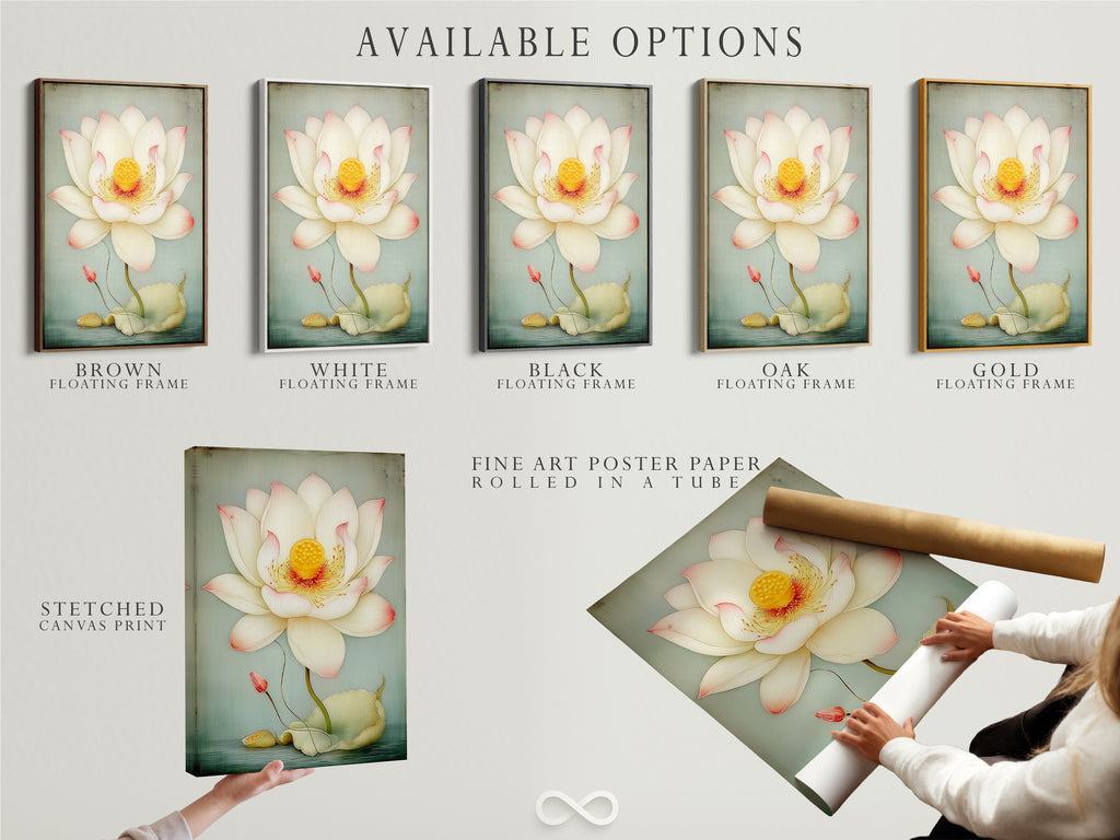Available options for the Lotus Flower artwork are displayed. Options include stretched canvas print fine art poster paper and floating frame. Choose the perfect style to match your decor. Enhance your space with this serene artwork. Perfect for bedrooms.
