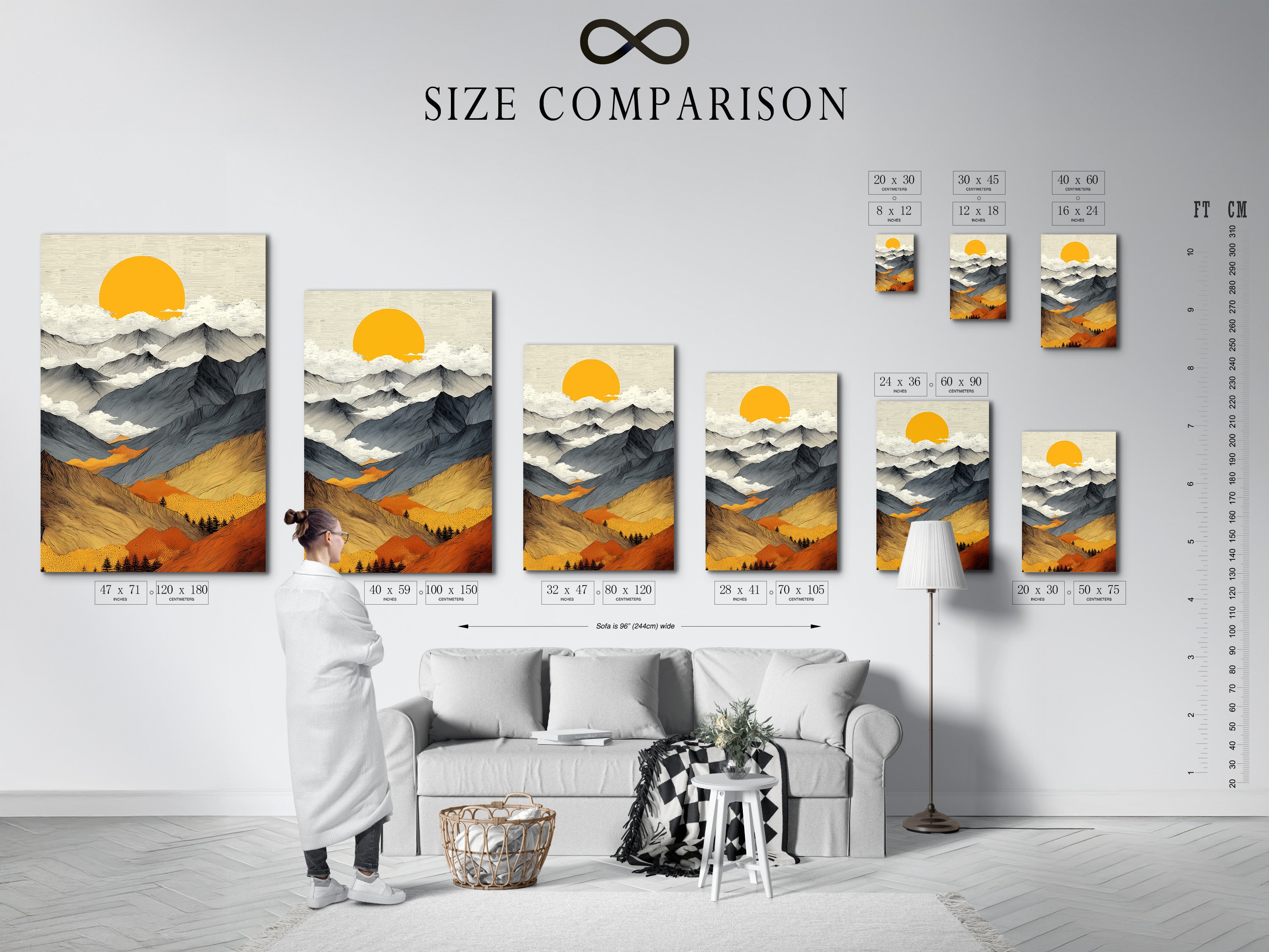 A size comparison chart is displayed in an interior setting. The mountain sunrise canvas artwork is showcased in various sizes. See how the abstract landscape art fits your space. Visualize the golden sun poster in your home. Choose the perfect size for your mountain wall art. Find the ideal fit for your decor needs.