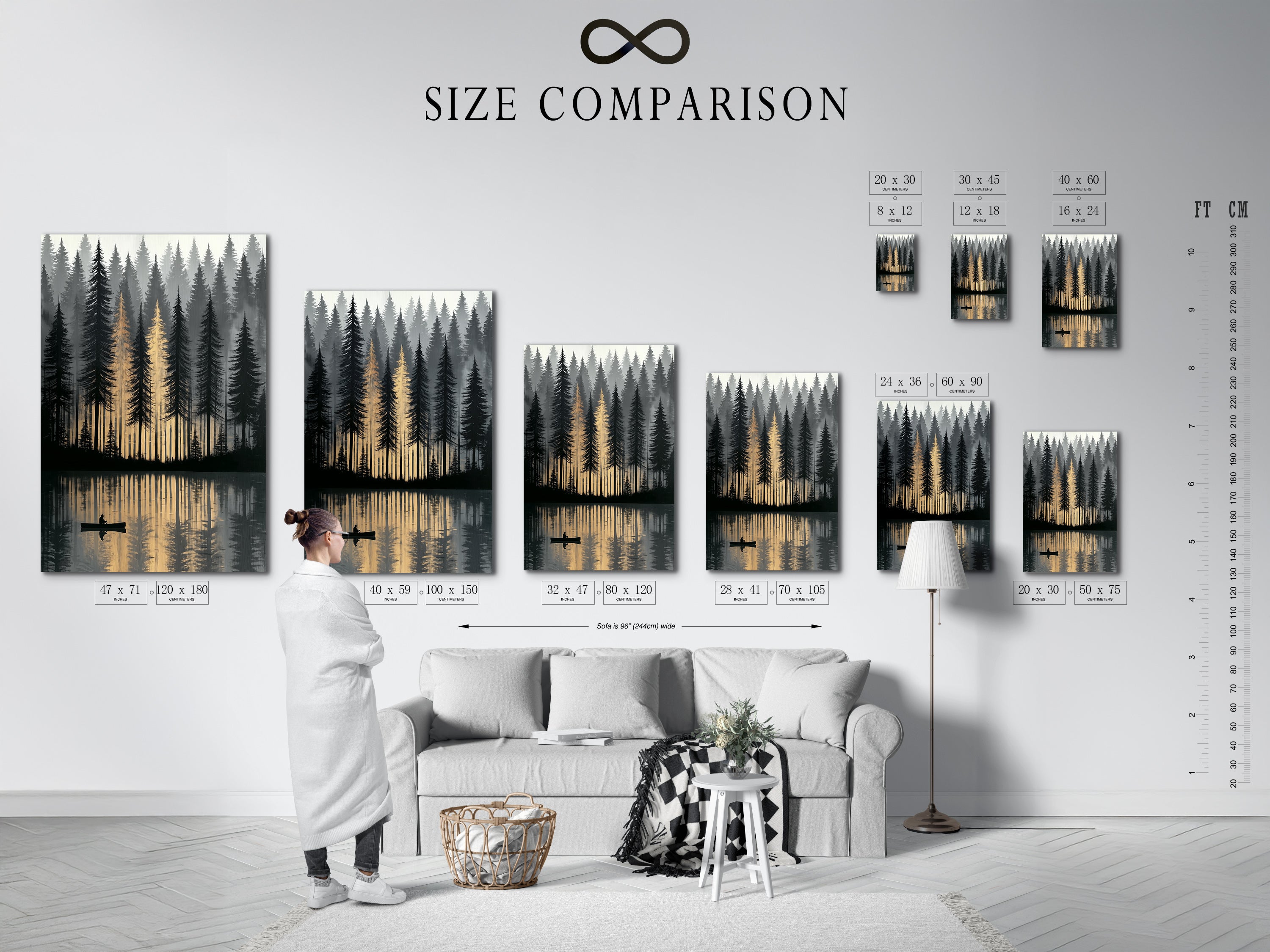 A size comparison chart is displayed in an interior setting. It helps visualize the perfect fit for your forest lake artwork. Choose from various sizes to suit your space and style. The canoeing art and nature wall art will transform your home or office decor.