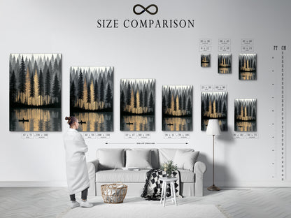 A size comparison chart is displayed in an interior setting. It helps visualize the perfect fit for your forest lake artwork. Choose from various sizes to suit your space and style. The canoeing art and nature wall art will transform your home or office decor.