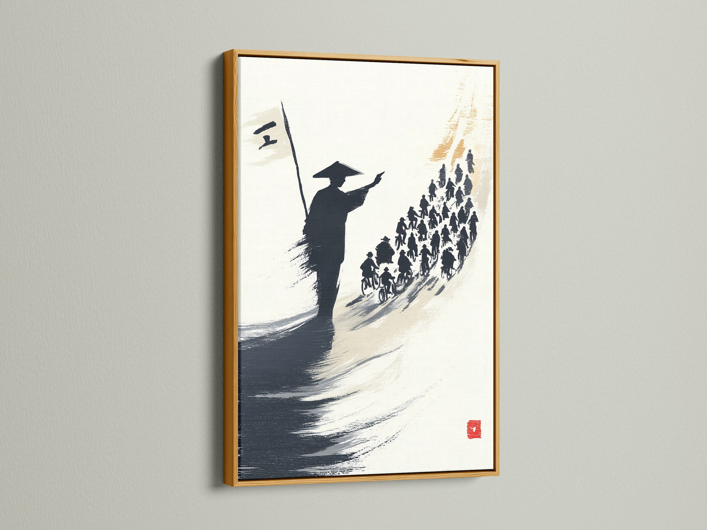 A gold frame enhances the samurai artwork. The Japanese print features a warrior canvas. The artwork is an ink wash painting. Add oriental art to studios and clinics. This piece is a unique addition to cultural centers.