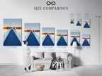 Explore the size comparison chart in an interior setting. Visualize dock sunset artwork dimensions. See how the blue pier wall art fits in your home. Find the perfect size for your coastal scenery photography.