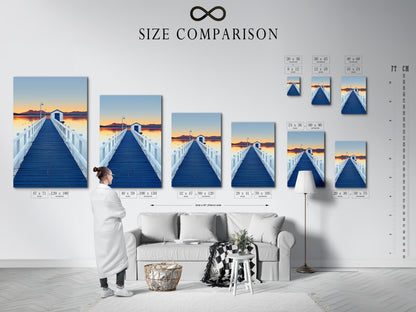 Explore the size comparison chart in an interior setting. Visualize dock sunset artwork dimensions. See how the blue pier wall art fits in your home. Find the perfect size for your coastal scenery photography.