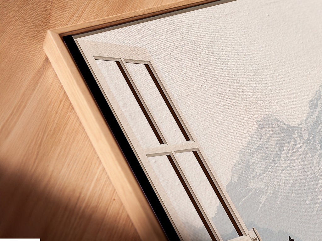 A close-up angled view of a canvas print in a floating frame. The artwork showcases a mountain view through an open window. This nature landscape art enhances any home decor. The floating frame adds a modern touch. Perfect for creating a calming atmosphere in living rooms bedrooms and offices.