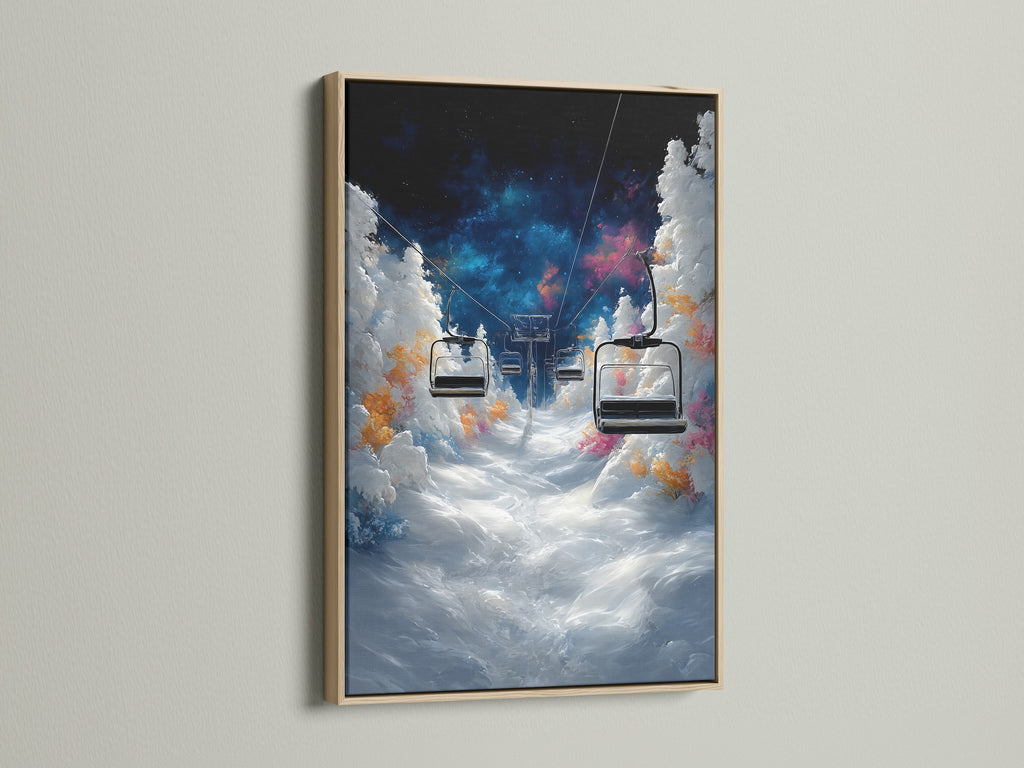 Enhance your home with this captivating ski lift art. The oak frame adds warmth and character to the artwork. Ideal for living rooms bedrooms and ski lodges. The piece brings a touch of alpine charm to any space.